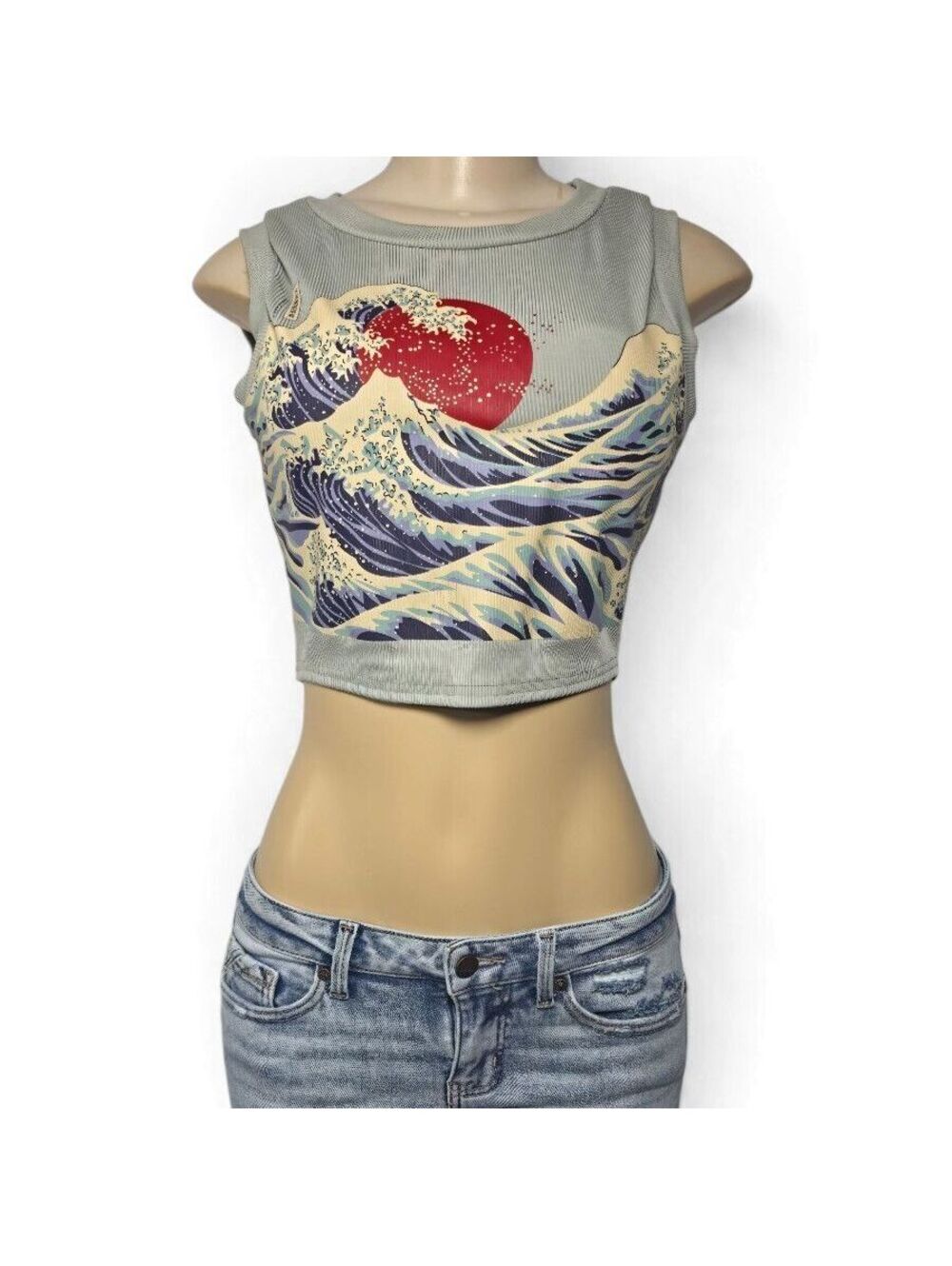 Romwe Great Wave Teal Crop Tank Top Japanese Wave Graphic Sleeveless Ribbed M